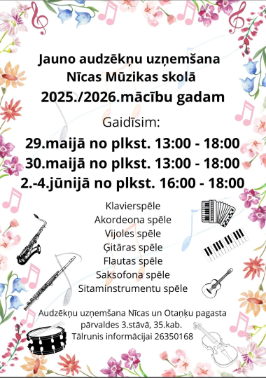 Jauno audzēkņu uzņemšana 2025./2026.m.g.