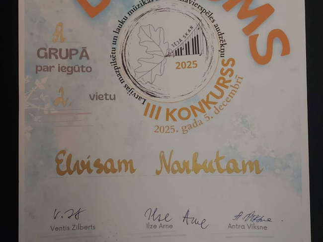 Nīcas Mūzikas skolas audzēkņa Elvisa Narbuta panākumi Mazpilsētu un lauku mūzikas skolu jauno pianistu konkursā Sējā
